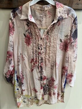 Floral Ruffle Button-Down Shirt - Blush Pink